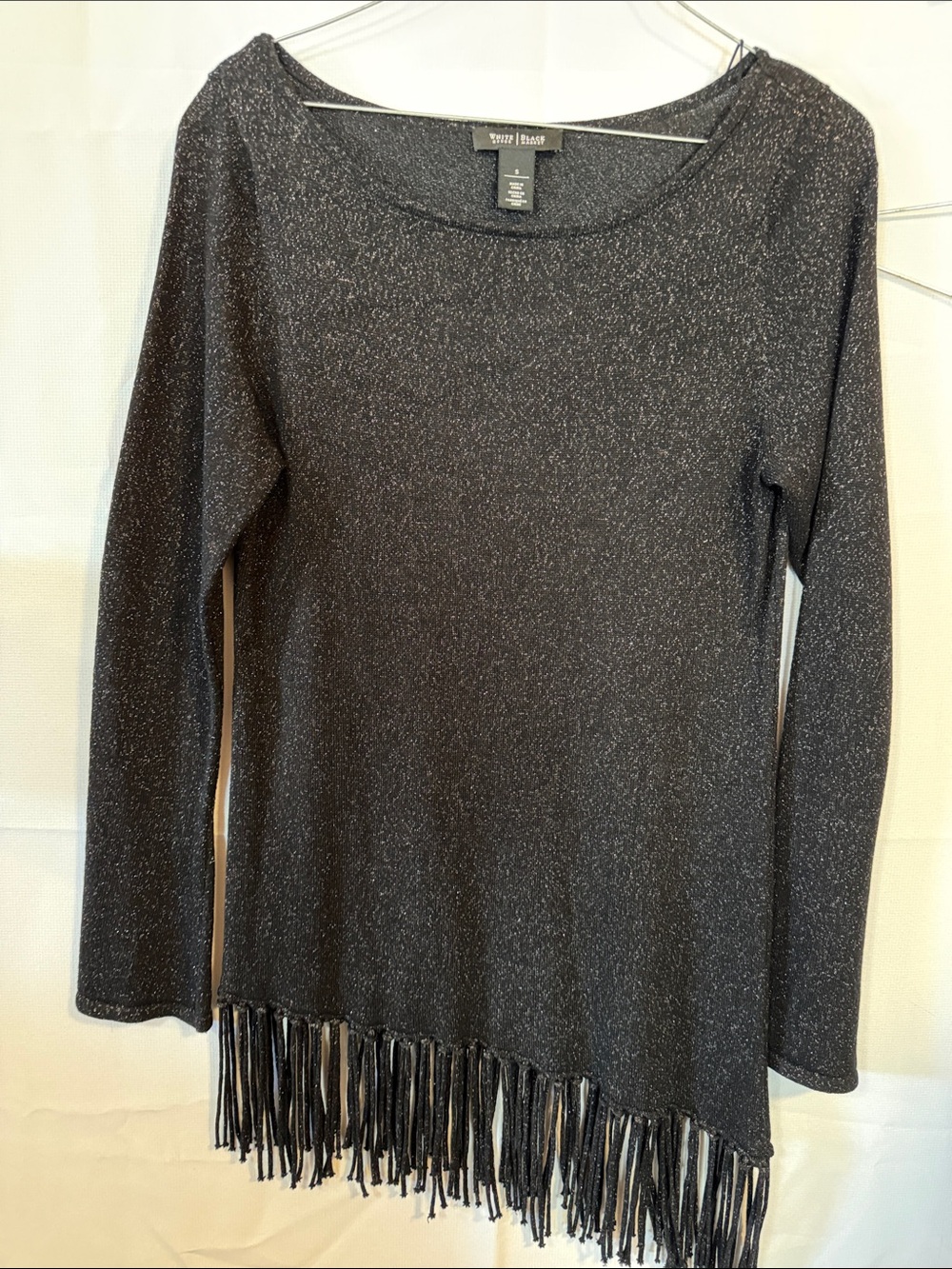 White House Black Market Black Metallic Fringe Hem Long Sleeve Tunic